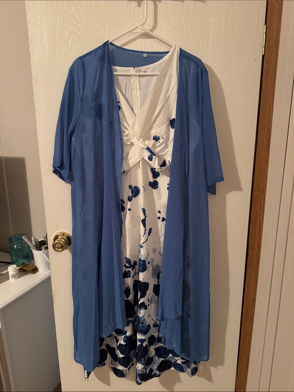 Blue Floral Print Wedding Guest Dress with Sheer Overlay